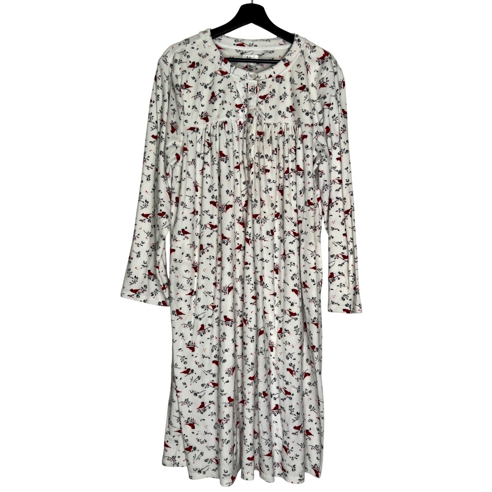 Aria Collection Women 2X Plus White Red Cardinal Bird Fleece Nightgown Pockets